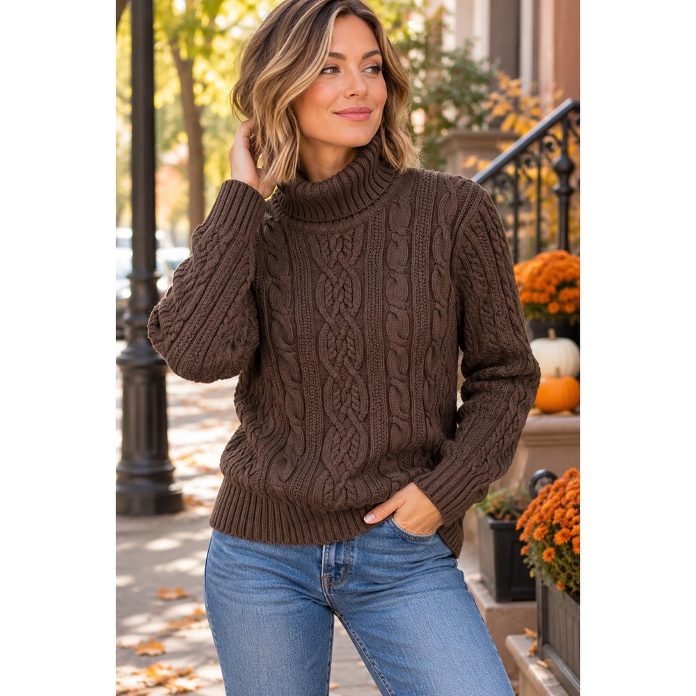 Jeanne Pierre Brown Cable Knit Turtleneck Sweater 100% Cotton Medium